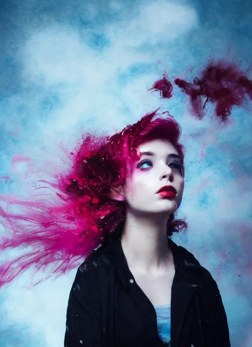 Prompt: a dramatic lighting photo of a beautiful young woman with cotton candy hair. paint splashes. moody, melanchonic. with a little bit of black and red