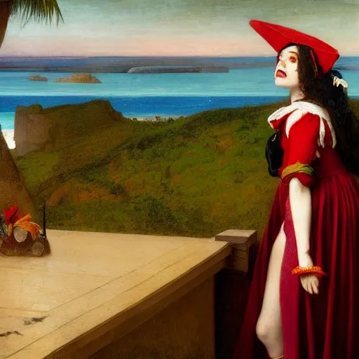 Image similar to A girl with jester hat and clothes on the front of a Balustrade with a beach on the background, major arcana cards, by paul delaroche, hyperrealistic 8k, very detailed