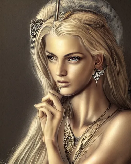 Image similar to tattoo sketch of beautiful greek goddess aphrodite with arrowhead earrings, beautiful piercing eyes, flowing blonde hair, realistic face, hyper realistic, in the style of greg rutkowski, fantasy, amazing detail, epic, intricate, elegant, smooth, sharp focus