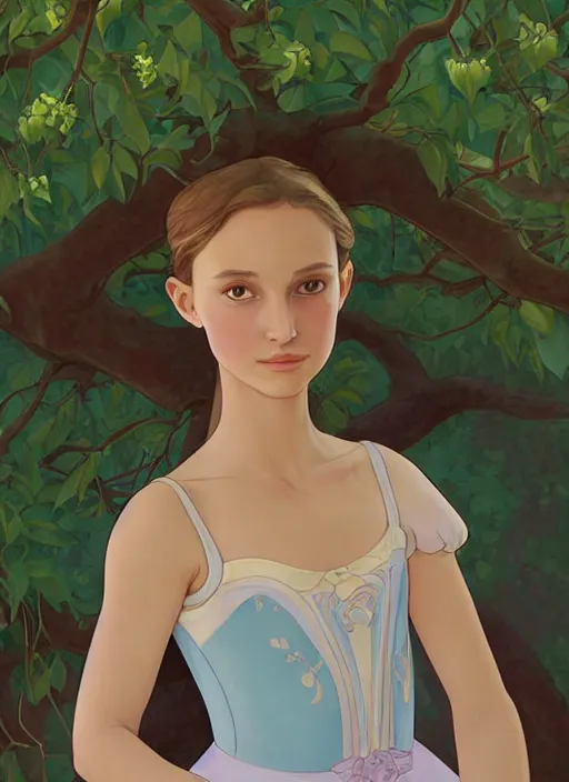 Image similar to well - lit art nouveau portrait of a 1 3 - year old ballet girl wih resembles natalie portman and emily browning acting shy under an apple tree, natural lighting, path traced, highly detailed, high quality, cartoon, digital painting, by don bluth and ross tran and studio ghibli