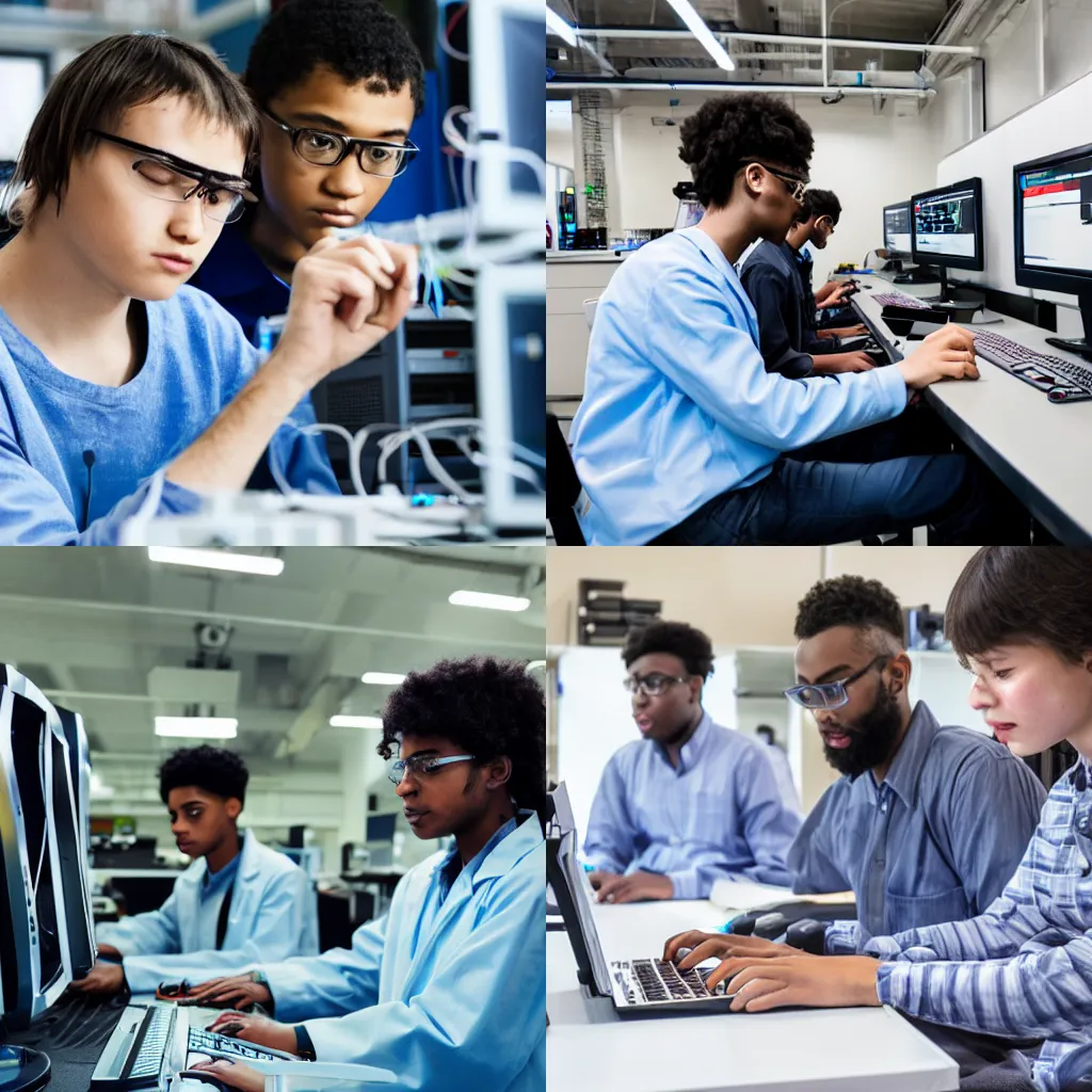 Prompt: generation z computer programmers in a high-tech laboratory researching on AI