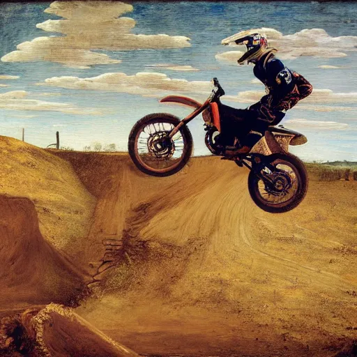 Image similar to motocross rider on dirt jump, renaissance painting