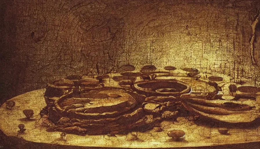 Image similar to bacterial colonies gowing on a plate, by Leonardo Da Vinci, cinematic lighting, establishing shot