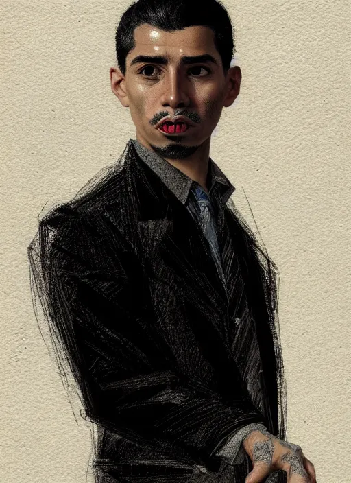 Prompt: portrait of a hispanic man with a crooked nose and a confident expression, 1 9 6 0 s, black clothes, punk, funk, intricate, elegant, highly detailed, digital painting, artstation, concept art, smooth, sharp focus, illustration, art by wlop, mars ravelo and greg rutkowski