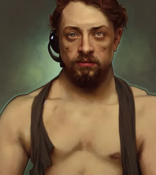 Image similar to Gigachad Sam Hyde ready for battle, boxing stance, wearing the gloves of death, sigma male, accurately portrayed, portrait art by alphonse mucha and greg rutkowski, highly detailed, digital painting, concept art, illustration, dim lighting with twilight rays of sunlight, trending on artstation, very detailed, smooth, sharp focus, octane render, close up