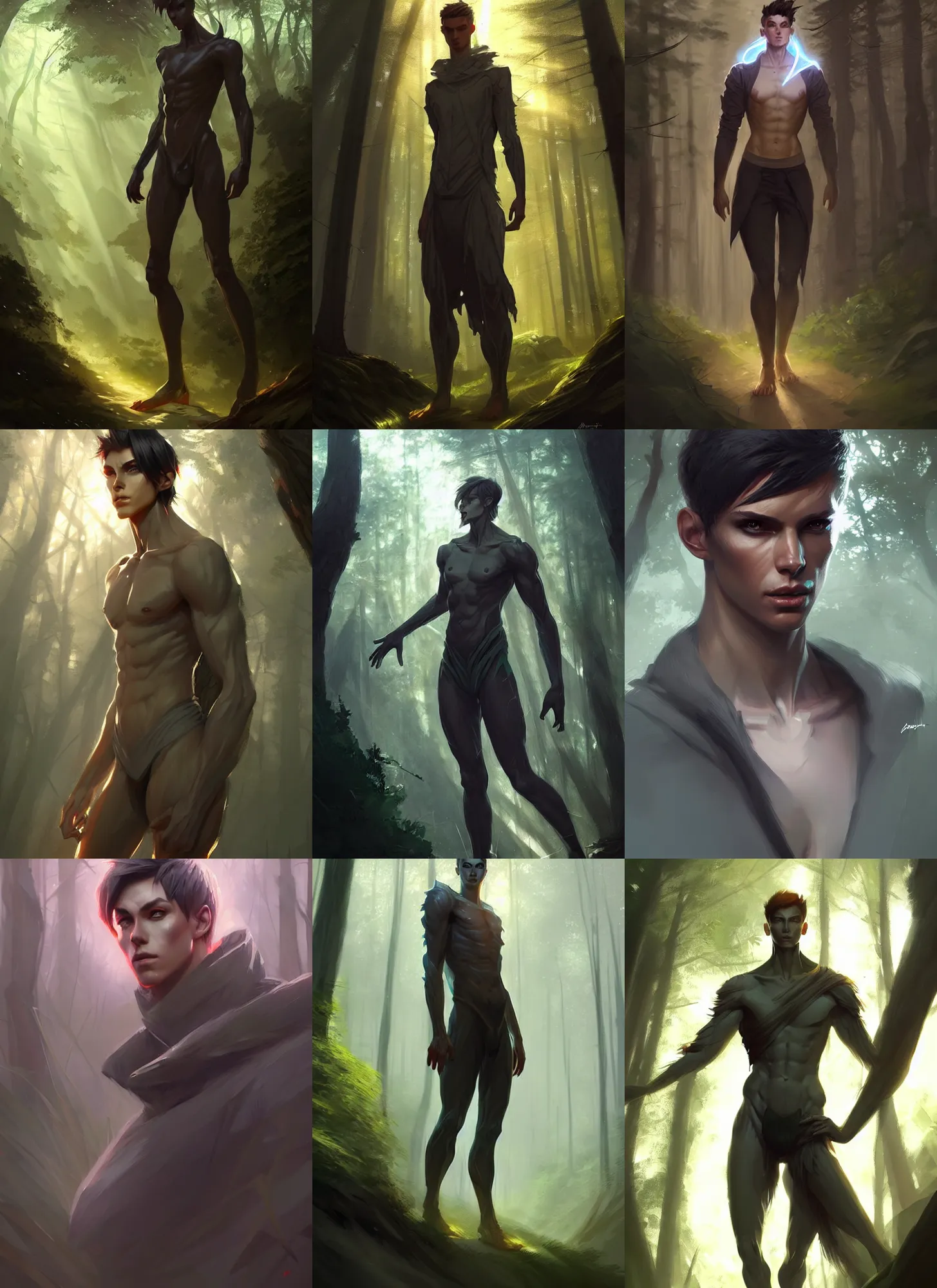 Prompt: digital concept art by nixeu, by artgerm and greg rutkowski, portrait of an androgynous male in the forest, fullbody, god rays, hyper detailed, character concept, glowing particulate, intricate, elegant, digital painting, artstation, smooth, sharp focus,