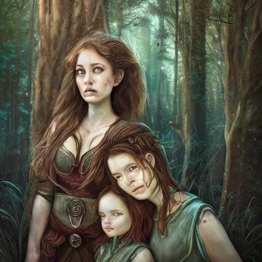 Image similar to portrait of sensual girl warrior and her daughter in a magical forest by leesha hannigan, fantasy, artwork, digital art, epic, highly detailed faces