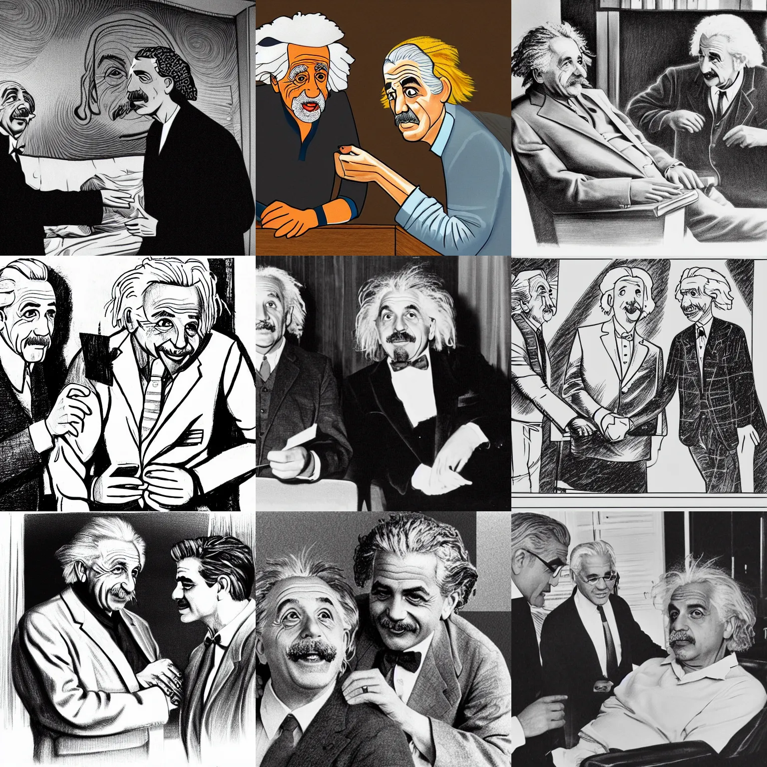 Prompt: line drawing of albert einstein giving a backrub to george clooney