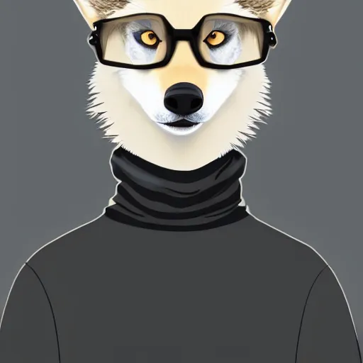 Prompt: a fresh and handsome male anthro wolf wearing a turtleneck and glasses, grinning; modern digital art