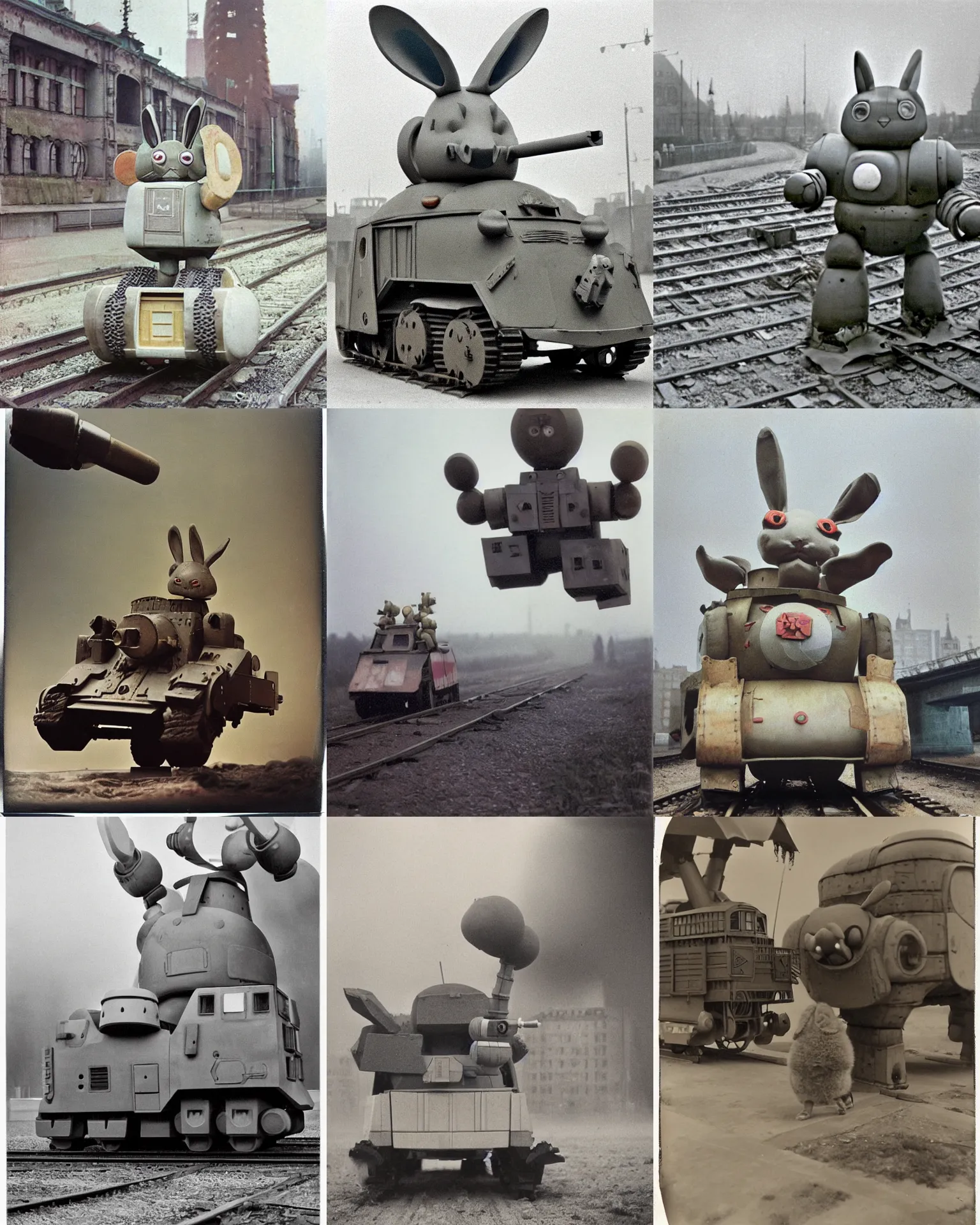 Prompt: giant oversized chubby bulky armored train rabbit robot mech, with big rabbit ears, rocket launcher , 1939 year color berlin , Cinematic focus, color Polaroid photo, vintage, neutral colors, soft lights, foggy, panorama by by Serov Valentin, by lisa yuskavage, by Andrei Tarkovsky