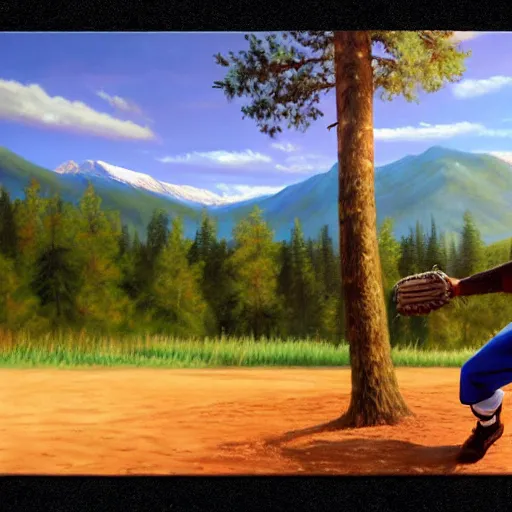 Image similar to a closeup photorealistic photograph of bob ross style kenny powers playing baseball, painting on a canvas. mountains and trees. film still. brightly lit scene. this 4 k hd image is trending on artstation, featured on behance, well - rendered, extra crisp, features intricate detail, epic composition and the style of unreal engine.