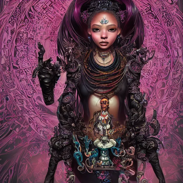 Prompt: the portrait of chaotic evil female necromancer mastermind as absurdly beautiful, gorgeous, elegant, cute young black idol, an ultrafine hyperdetailed illustration by kim jung gi, irakli nadar, intricate linework, bright colors, octopath traveler, final fantasy, unreal engine 5 highly rendered, global illumination, radiant light, detailed and intricate environment