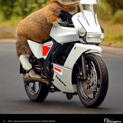 Prompt: a bunny wearing protective gear riding a 1 9 8 6 - suzuki - dr - 6 0 0!!!, highly detailed, 8 k photography, artstation trending, czeiss lens, matte, sharp focus, highly detailed, 4 k, hdr, smooth, sharp focus, high resolution, award - winning photo, photorealistic, art by artgerm, large shot