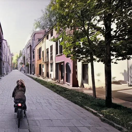 Image similar to a perfect street with no cars, houses designed by famous architect. bikes. cinematic, 8 k, inspirational.