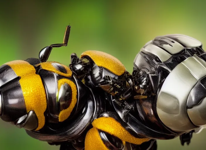 Image similar to super macro of an robotic mechanical cyborg bee drinking from a flower in the forest. fantasy magic style. highly detailed 8 k. intricate. nikon d 8 5 0 3 0 0 mm. award winning photography.