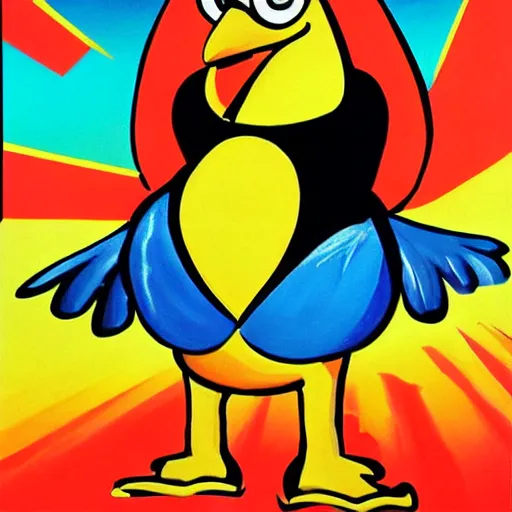 Prompt: here comes the funky chicken! movie poster, 1 9 7 8, featuring the funky chicken wearing big sunglasses and dancing the funky chicken, giving two clucks up! oil painting