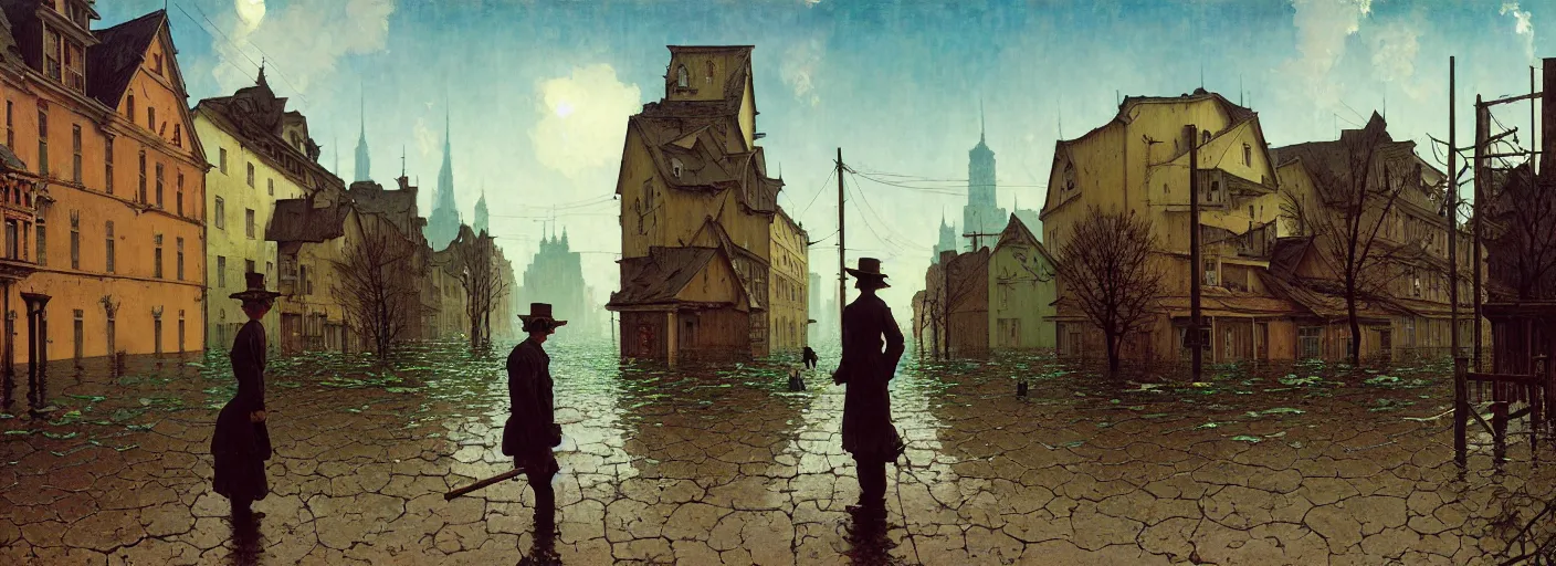 Prompt: flooded old wooden empty cursed city street, very coherent and colorful high contrast masterpiece by norman rockwell rene magritte simon stalenhag carl spitzweg jim burns, full - length view, dark shadows, sunny day, hard lighting, reference sheet white background