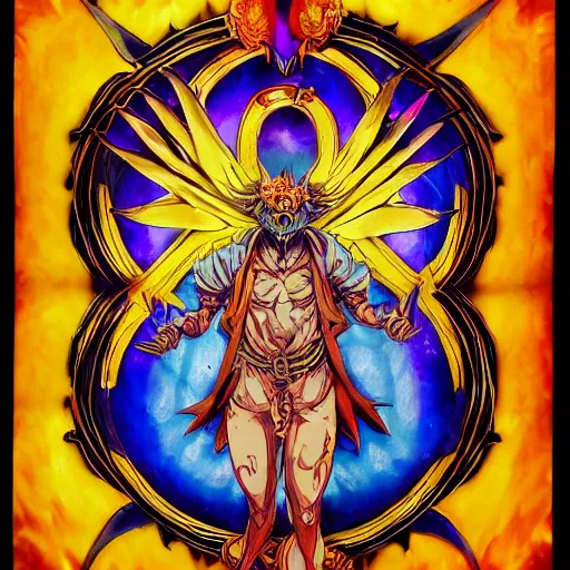 Prompt: 4 k headshot of godlike jester with defined arms and open hands and bloody clothes with giant mandala wings, intricate face, flawless anime cel animation by kentaro miura, psychedelic, highly detailed upper body, professionally post - processed, beautiful, scary, symmetry accurate features, epic, octane rendered, anime masterpiece, accurate