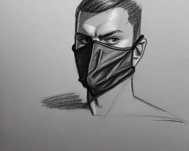 Image similar to draft drawing of a european man covering face with mask, draft sketch, thin stroke, trending on artstation, context art, pencil sketch, high detail