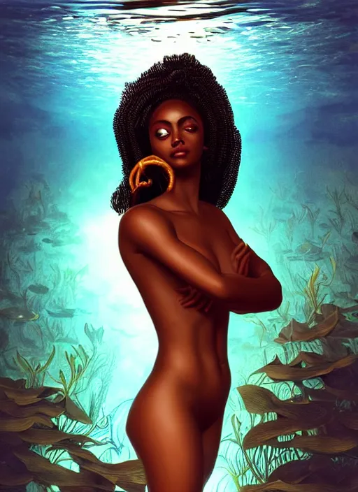 Image similar to underwater photography full body portrait of a dark skin mermaid haitian goddess, white lilies, underwater, intricate, sensual features, dewy skin, reflective skin, highly detailed, divine holy perfection!! digital painting, artstation, concept art, smooth, sharp focus, warm lighting, illustration, art by artgerm and greg rutkowski and alphonse mucha