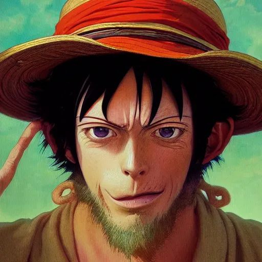 Image similar to highly detailed vfx portrait of monkey d. luffy, stephen bliss, greg rutkowski, loish, rhads, beeple, makoto shinkai, tom bagshaw, alphonse mucha, global illumination, sharp focus, art by artgerm and greg rutkowski, stanley kubrick, best of behance, cinematic lighting, frowning, mouth closed,