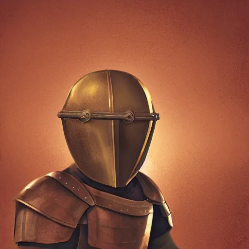 Image similar to man with sword, digital illustration, richard kane - ferguson, helmet, shield, sepia tone, golden hour, windy, gouache, wavy