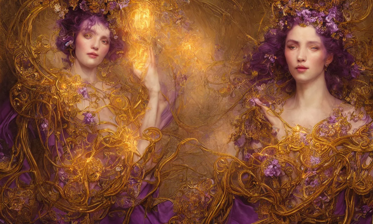 Prompt: breathtaking detailed soft painting of a sorceres queen with fire amethyst cloak and golden ribbons, art nouveau golden flowers and ribbons floating around, rembrandt style, hyper detailed fire stained glass windows, volumetric lighting, concept art, one person centered, matte, sharp focus by Tom Bagshaw, Artgem and Richard Kane Ferguson