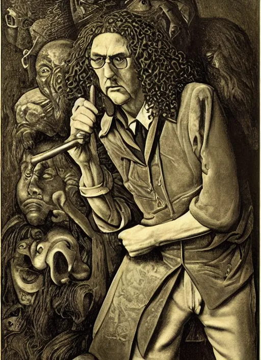 Image similar to Portrait of Weird Al Yankovic, Bruegel, Hieronymus Bosch, epic, Franklin Booth, heavily detailed, maxfield parrish, realistic lighting