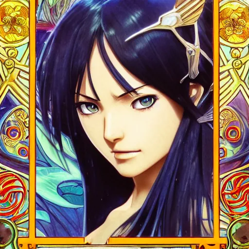 Image similar to highly detailed vfx portrait of nico robin by eiichiro oda, makoto shinkai, alphonse mucha, sharp focus, art by artgerm and greg rutkowski!, backlit, harsh overhead sunlight, blue eyes, stanley kybric, hiroya oku, makoto yukimura, takeshi obata, pixiv, fanbox,