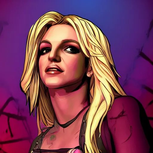 Image similar to britney spears portrait, borderlands, tales from the borderlands, the wolf among us, comic, cinematic lighting, studio quality, 8 k