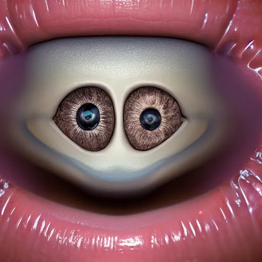 Image similar to headshot portrait of person with hyperrealistic human eye inside mouth, closeup, macro shot, hyperrealistic, extreme detail, ray tracing, octane render