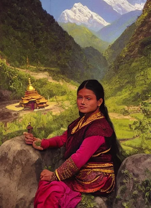 Image similar to vintage_portrait_photo_of_a_beautiful_beautifully_lit_nepalese_Victorian_woman_in_a_lush_valley_with_a_tibetan_monastery_on_a_rock_in_the_background, realistic detailed face