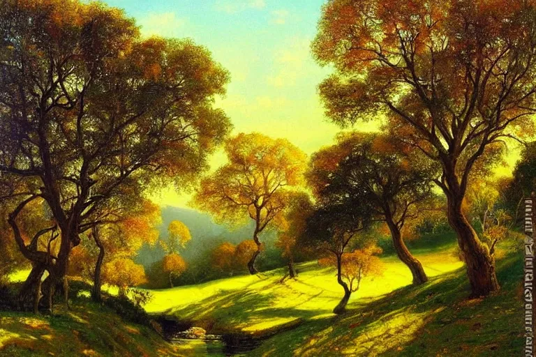 Image similar to masterpiece painting of oak trees on a hillside overlooking a creek, dramatic lighting, by victor nizovtsev