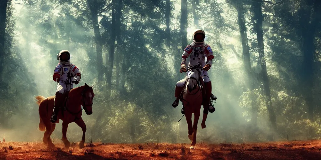 Image similar to american astronaut, riding a horse in a forest, plants environment, wide angle, cinematic lighting, atmospheric, realistic, octane render, highly detailed, color graded, in the style of craig mullins