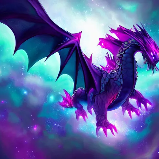 Image similar to legendary dragon magical pokemon , digital art , trending on artstation , highly detailed , space nebula background