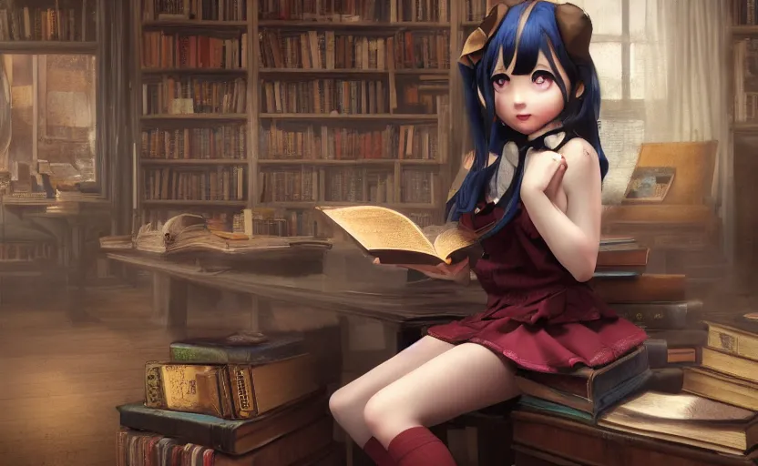 Prompt: magical and mystical, illustrious makinami, school girl leaning on a library, octane render, rembrandt, cgsociety, artstation trending, highly detailded