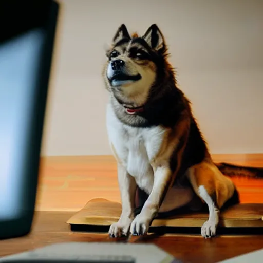 Image similar to barking angry dog typing on keyboard photo dramatic lighting