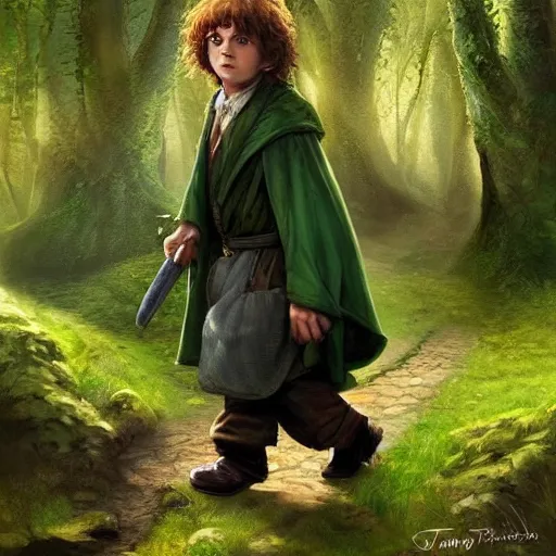 Prompt: a young hobbit with short hair and a dark green cloak hiking through the forest, trending on artstation, realistic, detailed, by Tony Sart