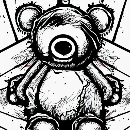 Image similar to grunge cartoon vector sketch of a teddy bear with bloody eyes by - dr seuss, loony toons style, horror theme, detailed, elegant, intricate