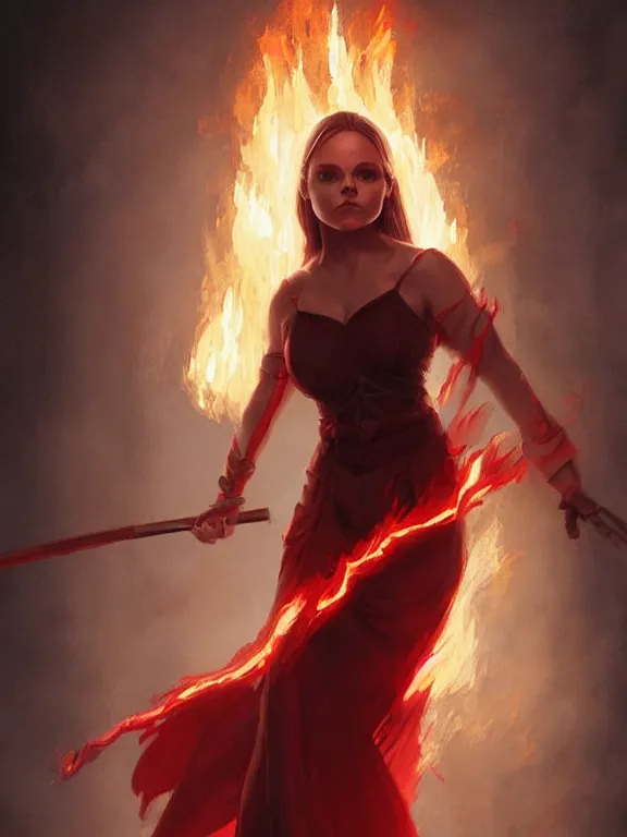 Image similar to Christina Ricci casting a fire spell, red lighting, D&D, fantasy, highly detailed, digital painting, trending on artstation, concept art, sharp focus, illustration, art by artgerm and greg rutkowski and magali villeneuve