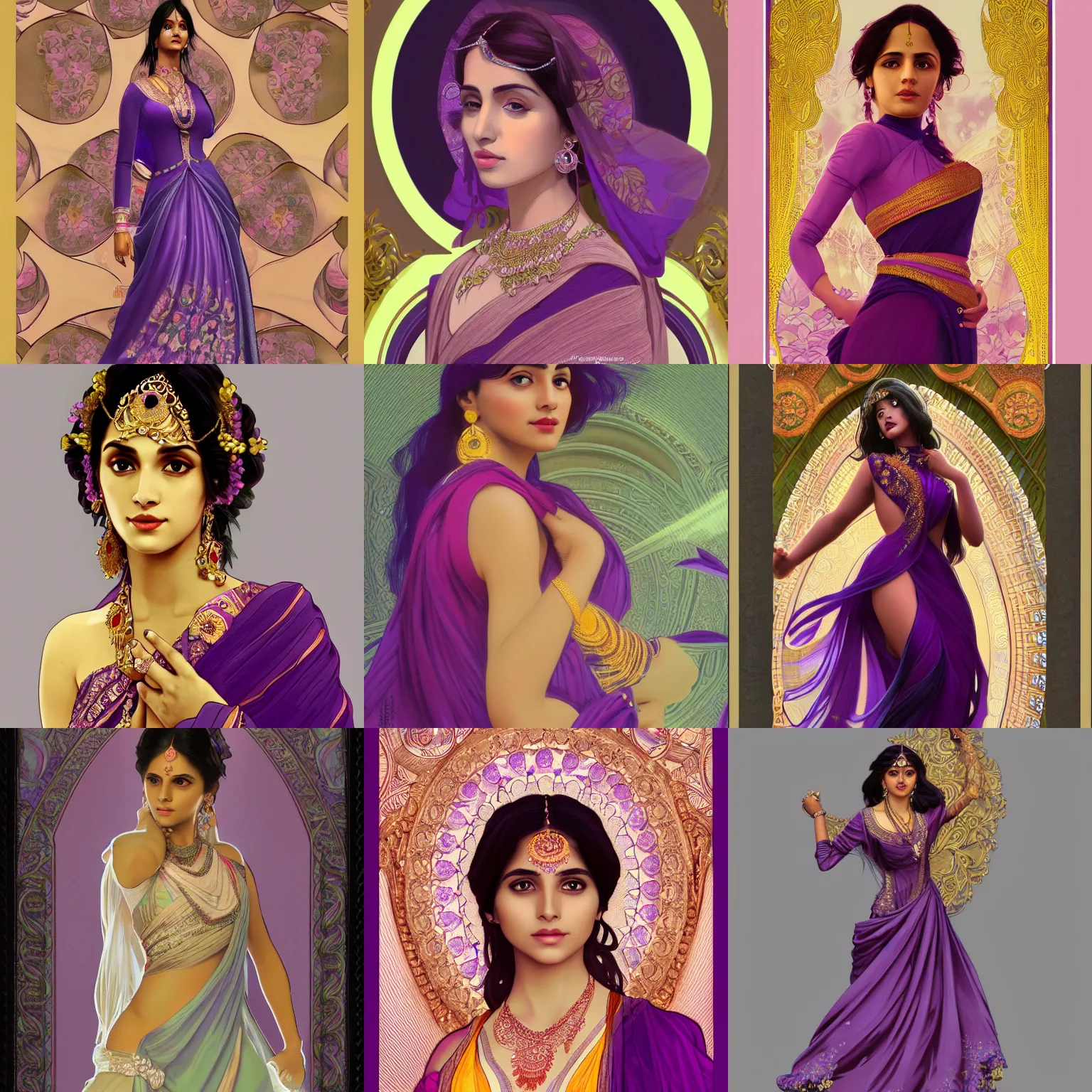 Prompt: a beautiful south asian female in high fashion dress, purple, as seen on artgerm, octane render, in the style of alphonse mucha, ultra realistic, highly detailed, 8 k