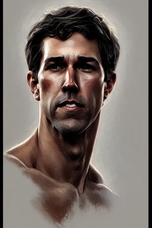 Prompt: A full portrait of a heroic, muscular Beto o'Rourke, intricate, elegant, highly detailed, digital painting, artstation, concept art, smooth, sharp focus, illustration, art by Krenz Cushart and Artem Demura and alphonse mucha (((((second face)))))