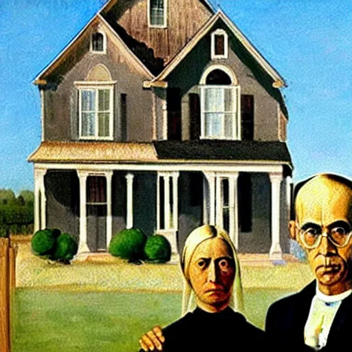 Prompt: on a wall there are dozens of the 'american gothic' paintings in styles of different famous painters