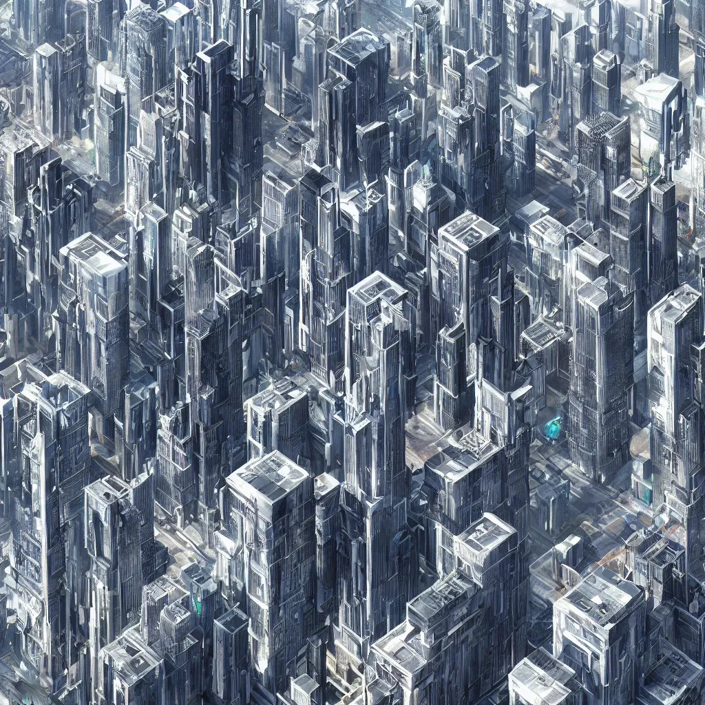 Prompt: futuristic city, several large buildings with big glass windows, hyperdetailed, 3 d render, photorealistic, christian haley