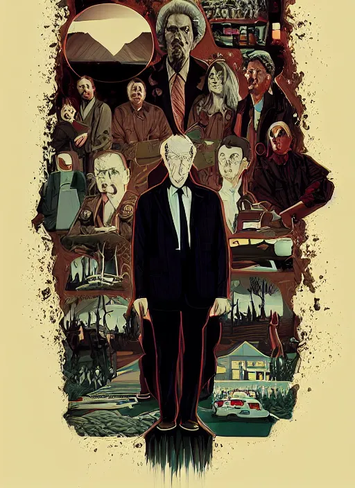 Prompt: Twin Peaks movie poster artwork by Michael Whelan and Tomer Hanuka, Rendering of the Illuminati, from a scene from Twin Peaks, clean, full of detail, Matte painting, trending on artstation and unreal engine