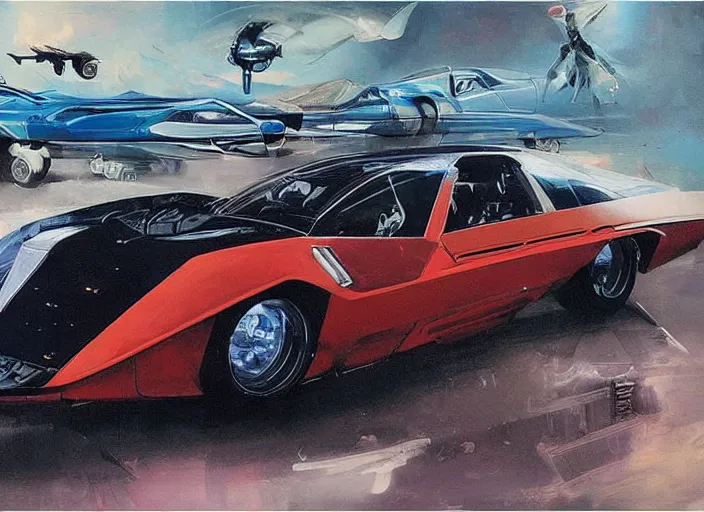 Image similar to ( ( ( ( ( knight rider kitt, car concept art, sci - fi illustration, painting ) ) ) ) ) by vincent di fate and john berkey and speed racer mach 5!!!!!!!