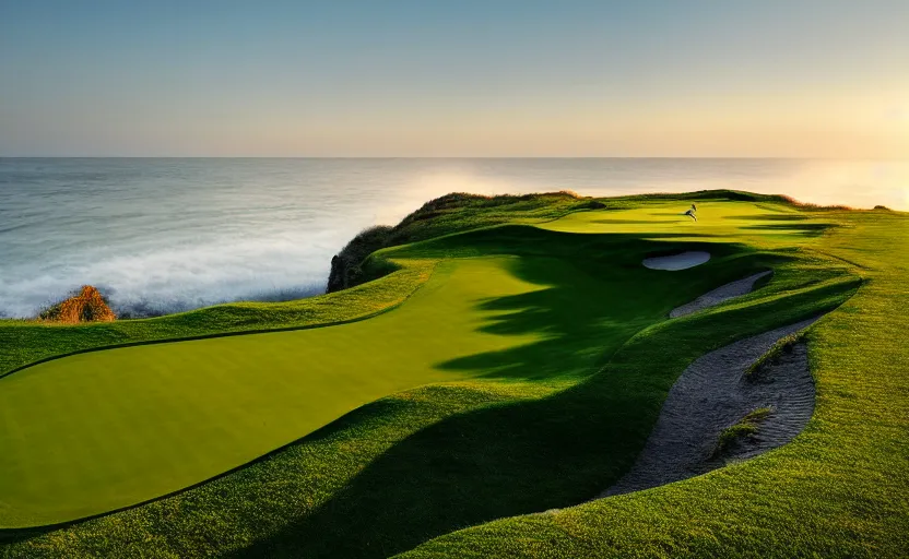 Prompt: a great photograph of the most amazing golf hole in the world, cliffs by the sea, perfect green fairway, human perspective, ambient light, 5 0 mm, golf digest, top 1 0 0, morning fog