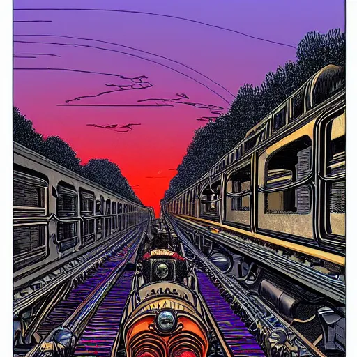 Prompt: weird west steampunk steam engine train railway into the sunset, illustration by moebius jean giraud