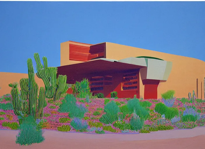 Prompt: painting of a frank lloyd wright house in the california desert by david hockney