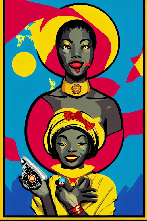 Image similar to mama africa smile to her child!!! pop art, pixel, bioshock, gta chinatown, artgerm, richard hamilton, mimmo rottela, julian opie, aya takano